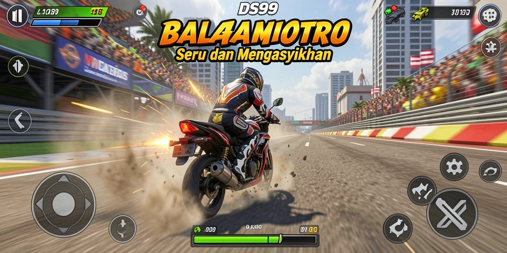 Screenshot gameplay DS99 menunjukkan aksi balapan motor yang mendebarkan.