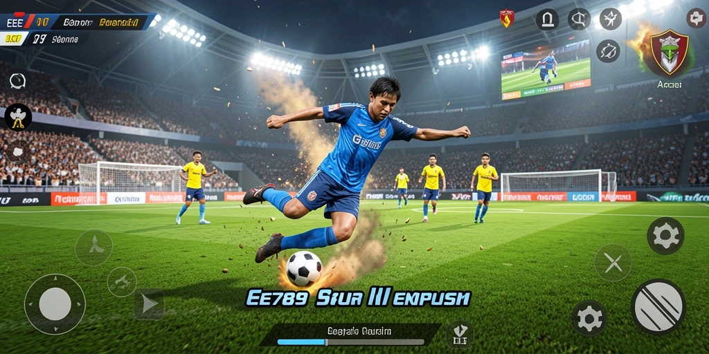 Screenshot gameplay EE789 dengan aksi seru pertandingan sepak bola.