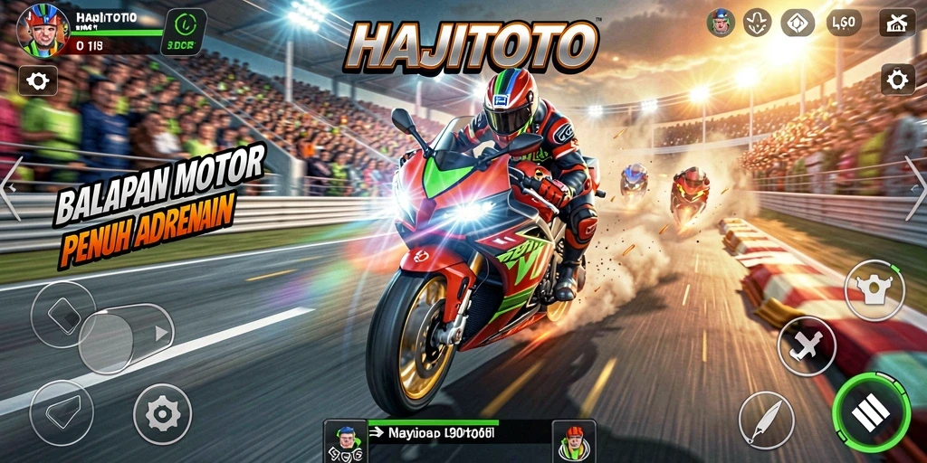 Screenshot gameplay <strong>HAJITOTO</strong> menampilkan balapan motor yang seru dan mendebarkan.