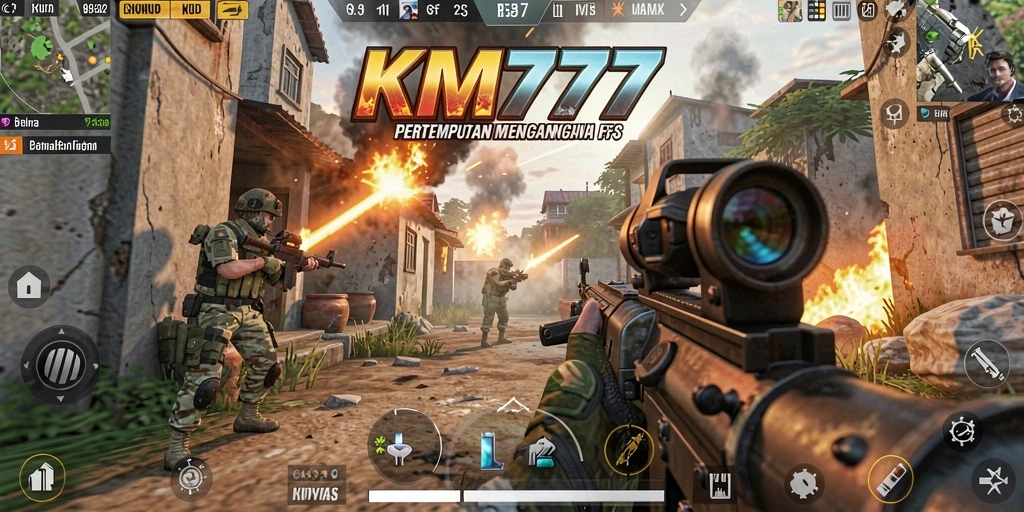 Tampilan gameplay KM777 yang memukau dengan aksi tembak-menembak intens.