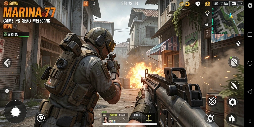 Tampilan gameplay <strong>MARINA77</strong> menampilkan aksi menembak yang mendebarkan dan grafis yang memukau.