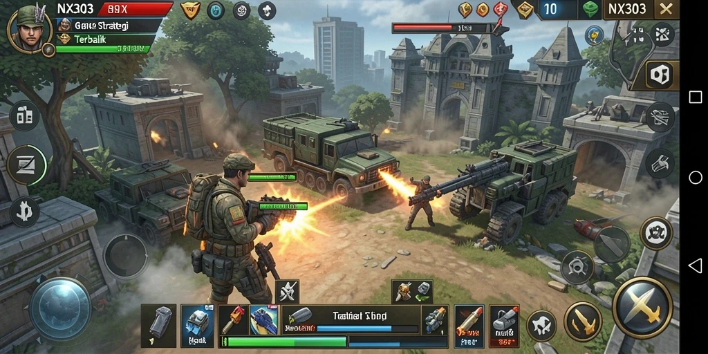 Screenshot gameplay NX303 menampilkan aksi strategi yang mendebarkan.