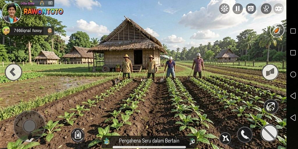 Screenshot gameplay RAWONTOTO menampilkan aktivitas bertani yang menyenangkan.