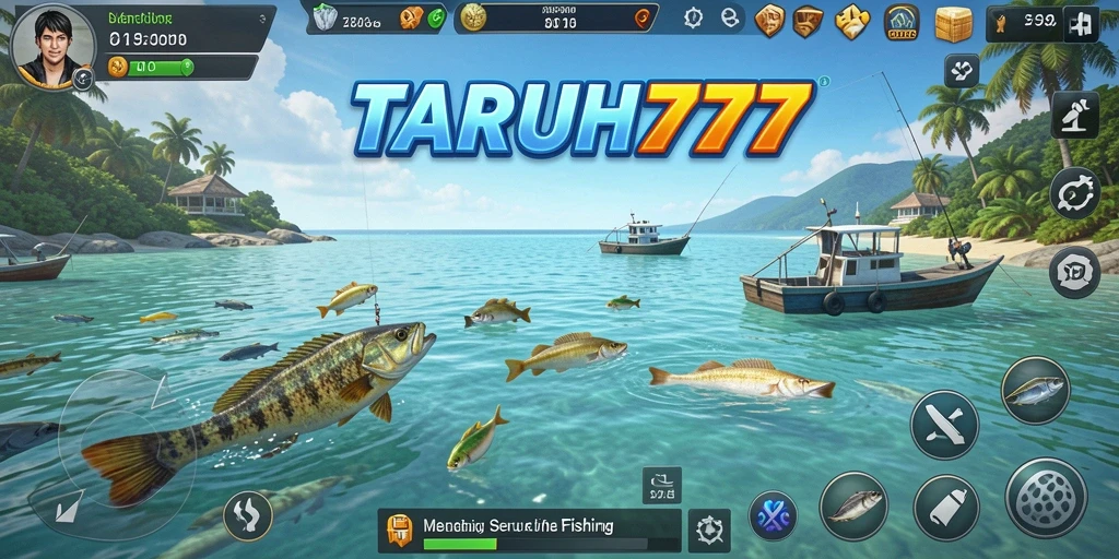 Screenshot gameplay TARUH777 menampilkan momen seru memancing di lokasi indah.