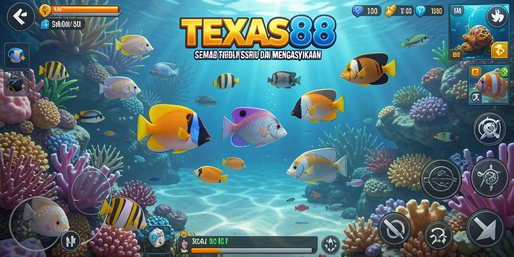 Tampilan gameplay seru dalam TEXAS88, menembaki ikan berwarna-warni.
