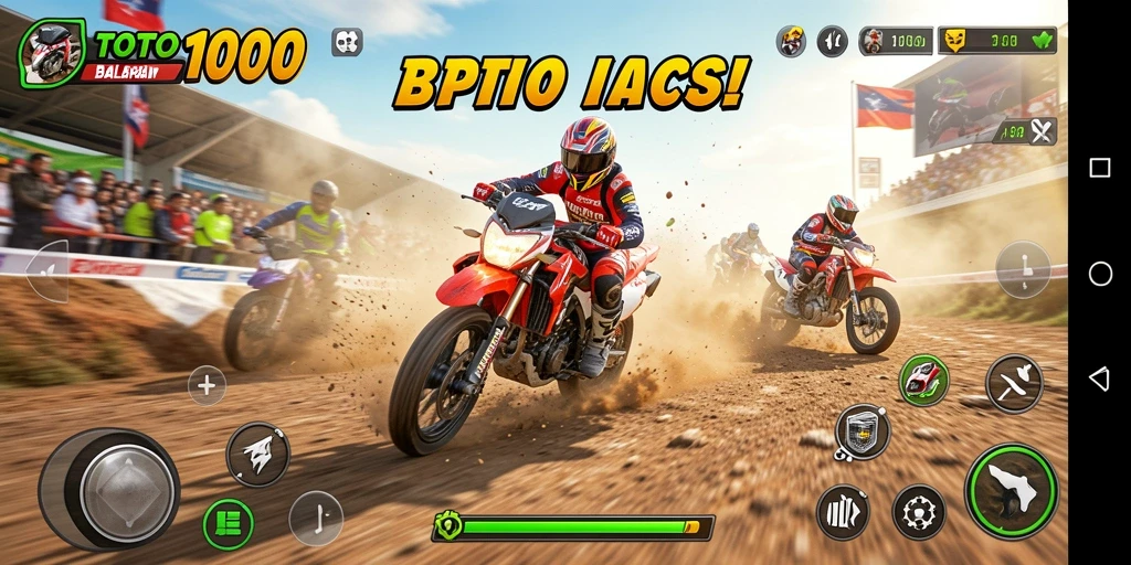 Gameplay TOTO1000 menampilkan balapan motor yang mendebarkan dan penuh aksi.