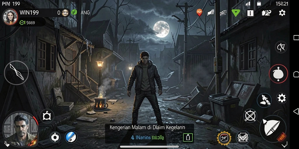 Screenshot gameplay WIN199 menampilkan momen menakutkan saat menjelajahi kegelapan.