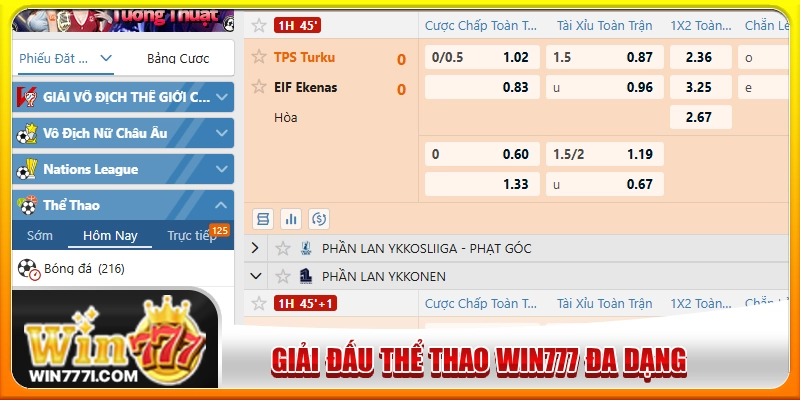 Thể thao WIN777 cập nhật kèo từ mọi giải đấu lớn, nhỏ